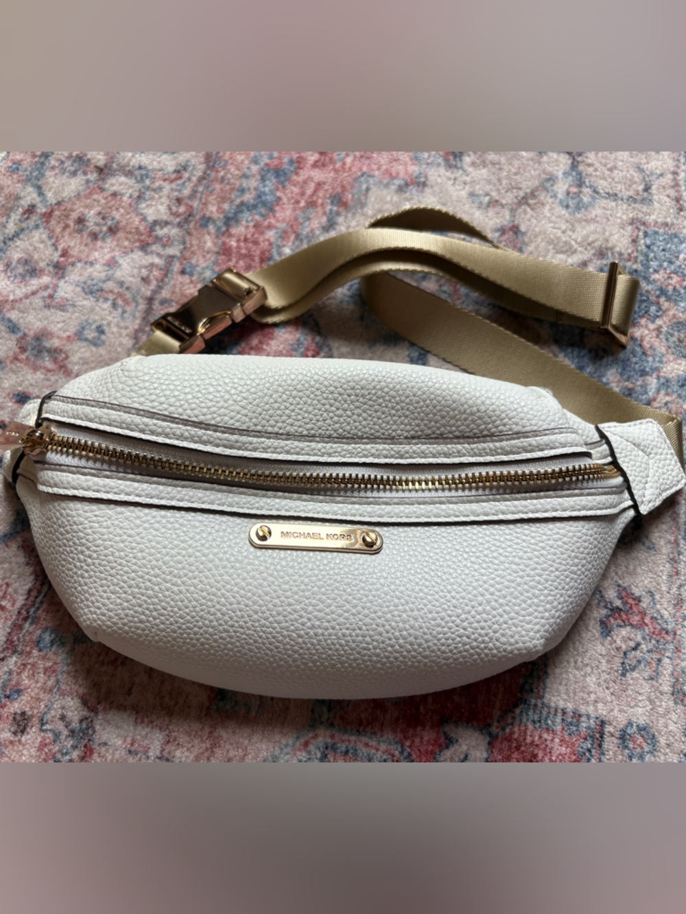 Michael Kors White Pebbled Leather Crossbody Belt Bag with Gold Hardware